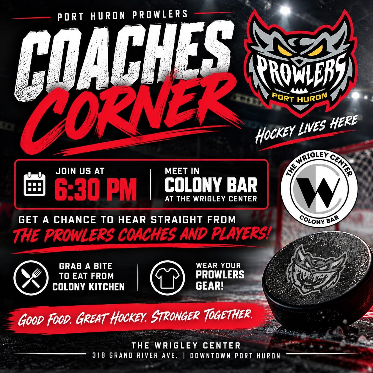 Port Huron Prowlers Coaches Corner — join us at 6:30 PM in the Colony Bar at The Wrigley Center, October 13 and 27, 2026
