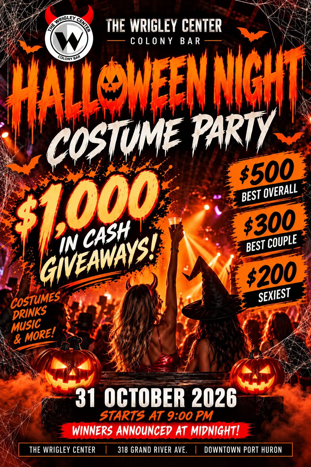 Halloween Night Costume Party at The Colony Bar — Saturday, October 31, 2026, starts at 9 PM, winners announced at midnight, $1,000 in cash giveaways