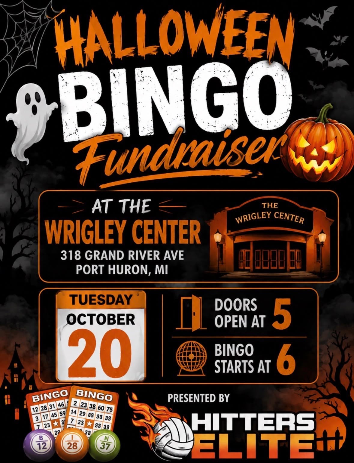 Halloween Bingo Fundraiser at The Wrigley Center — Tuesday, October 20, doors open at 5 PM, bingo starts at 6 PM, presented by Hitters Elite