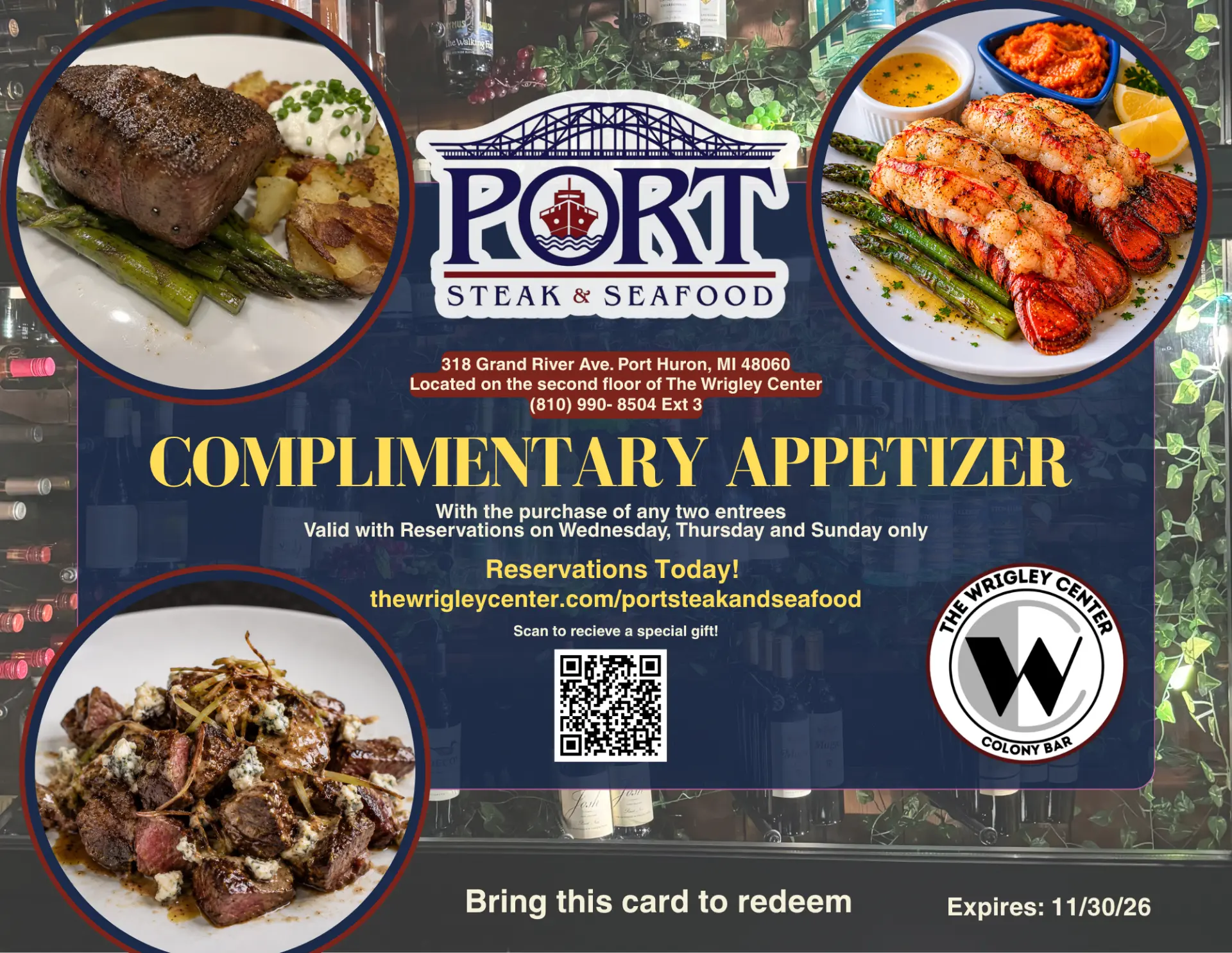 Port Steak & Seafood — complimentary appetizer with the purchase of any two entrees, valid with reservations Wednesday, Thursday and Sunday. Expires 11/30/26.