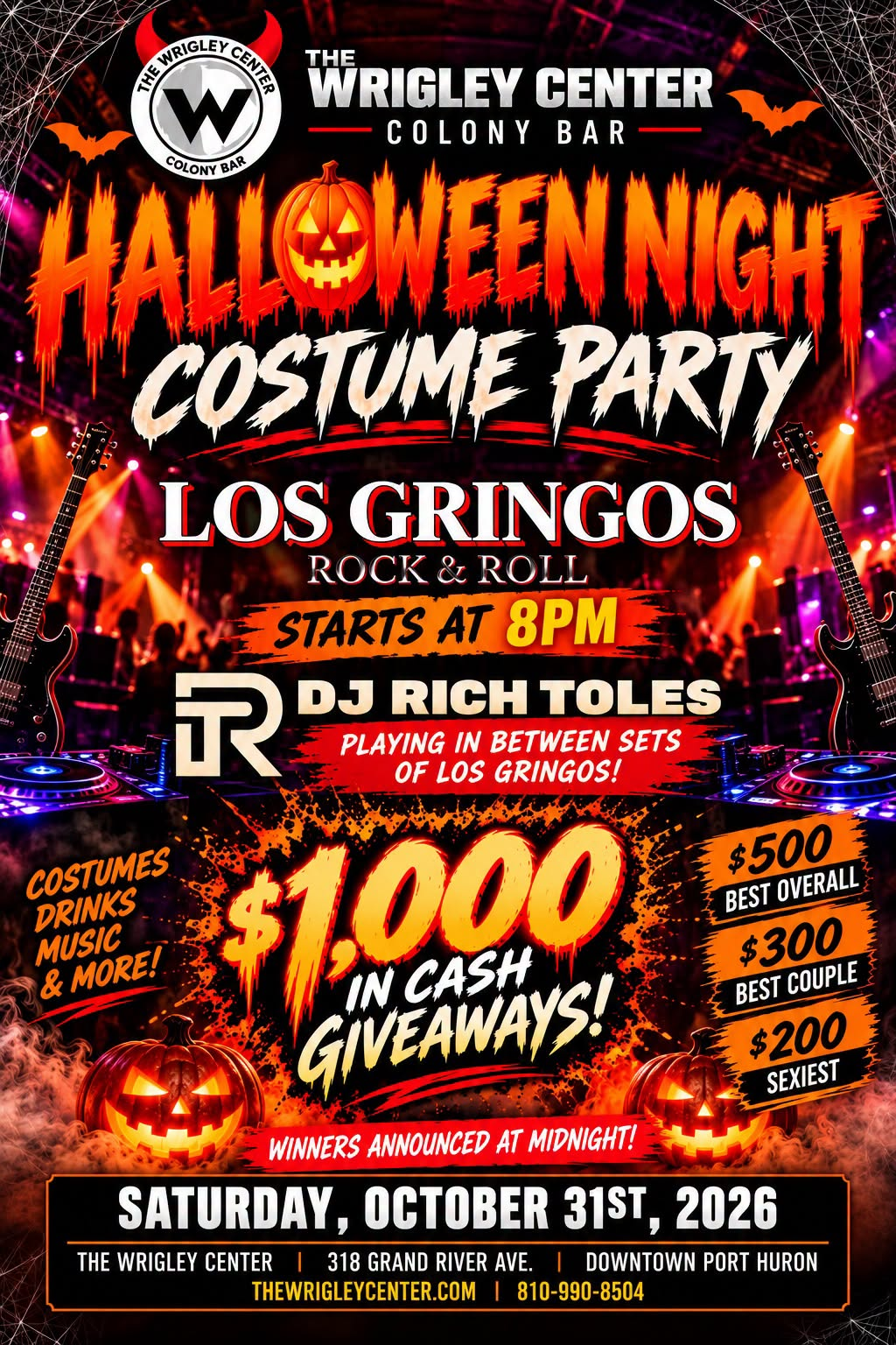 Halloween Night Costume Party flyer — Saturday, October 31, 2026, 8 PM, Los Gringos + DJ Rich Toles, $1,000 cash giveaways, winners at midnight