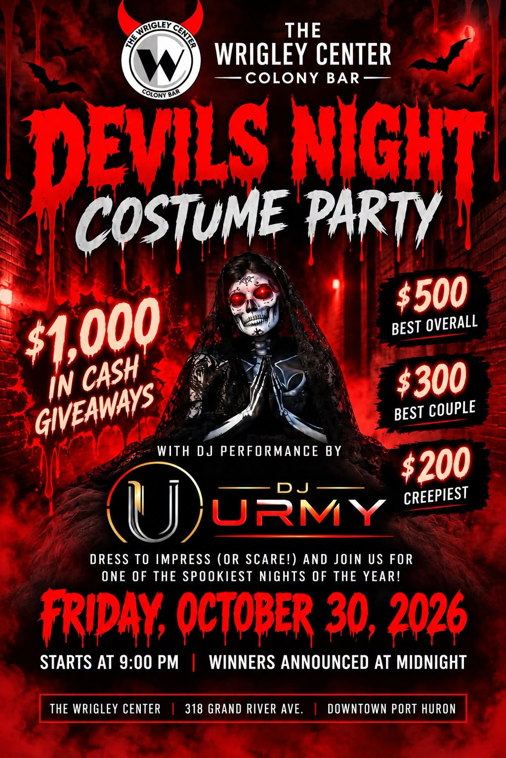 Devils Night Costume Party flyer — Friday, October 30, 2026, 9 PM, DJ Urmy, $1,000 cash giveaways, winners at midnight
