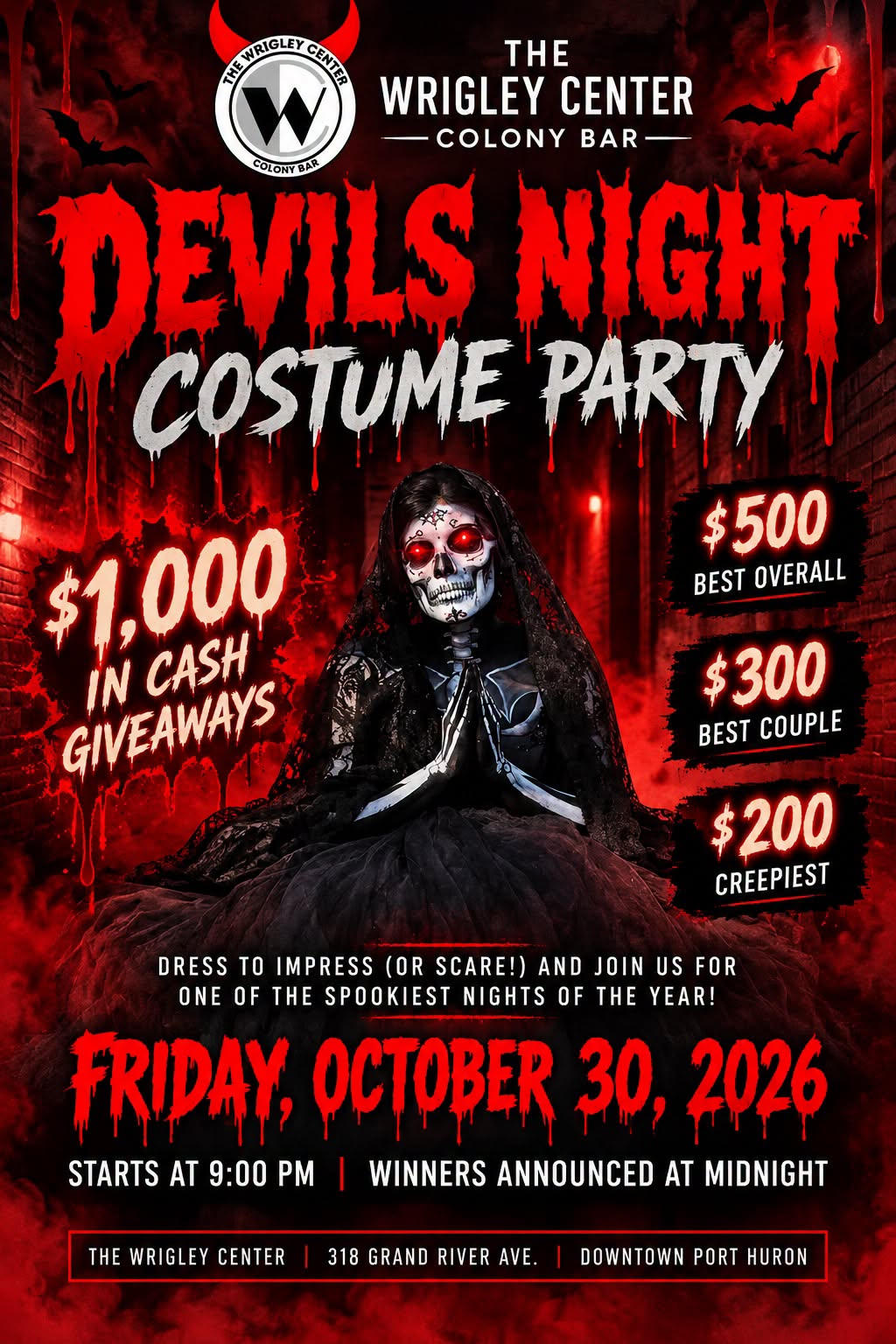 Devils Night Costume Party at The Colony Bar — Friday, October 30, 2026, starts at 9 PM, winners announced at midnight, $1,000 in cash giveaways