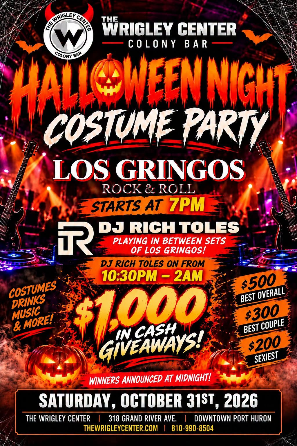 Halloween Night Costume Party flyer — Saturday, October 31, 2026, 7 PM, Los Gringos + DJ Rich Toles, $1,000 cash giveaways, winners at midnight