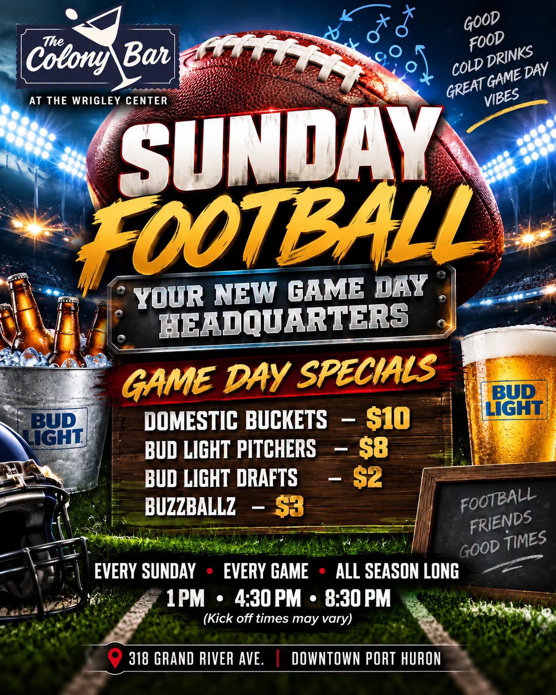 Sunday Football at The Colony Bar — game day specials: domestic buckets $10, Bud Light pitchers $8, Bud Light drafts $2, BuzzBallz $3
